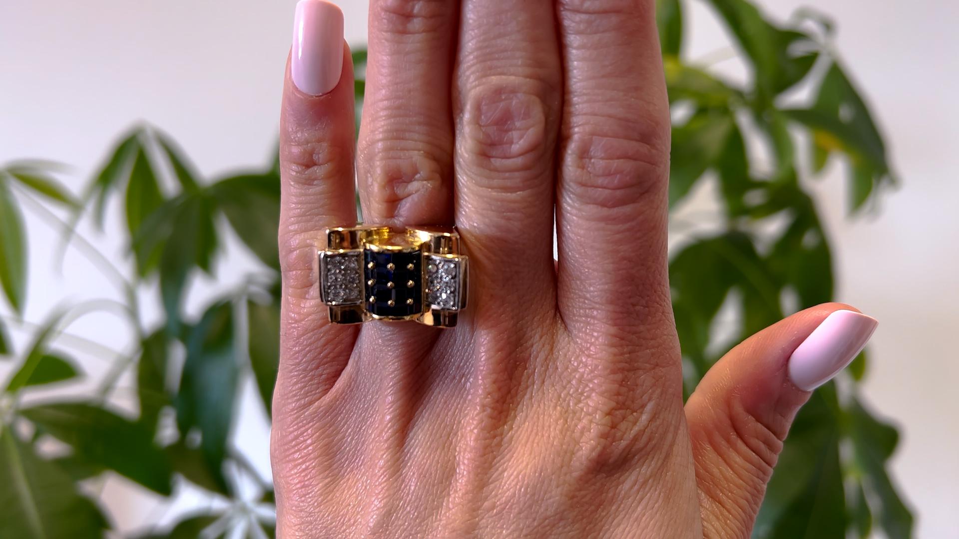 Square Cut Retro French Sapphire and Diamond 18k Rose Gold Tank Ring