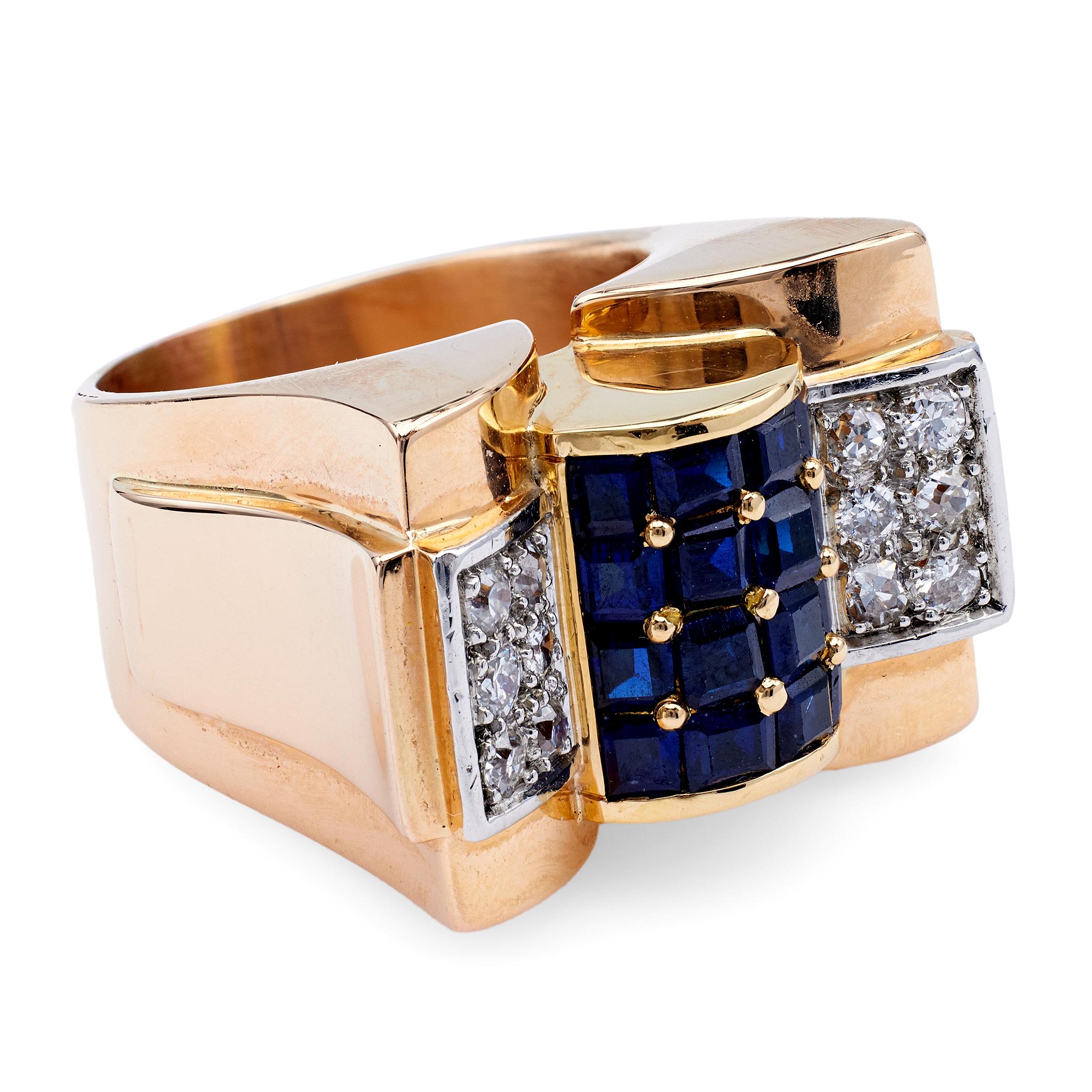 Women's or Men's Retro French Sapphire and Diamond 18k Rose Gold Tank Ring