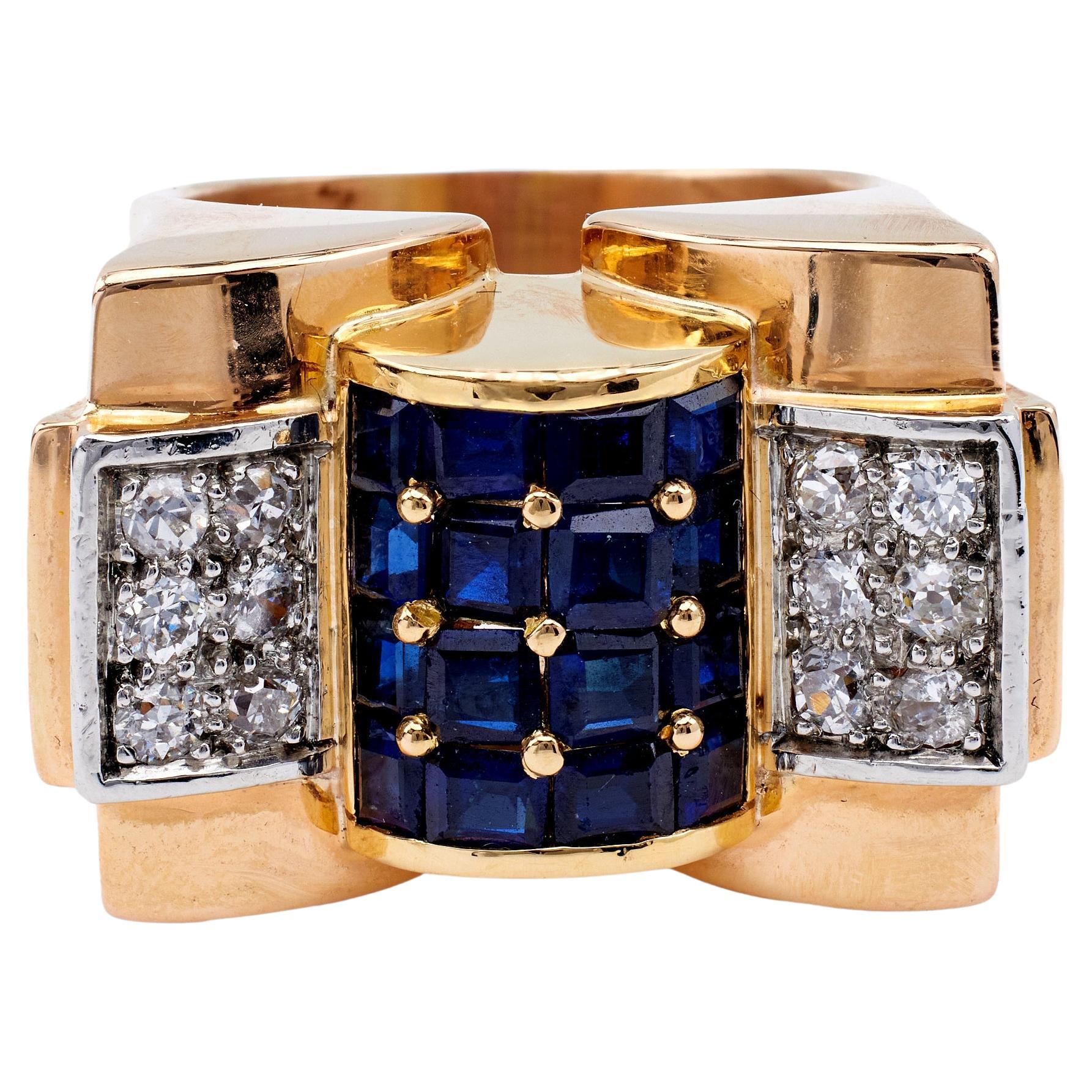 Retro French Sapphire and Diamond 18k Rose Gold Tank Ring