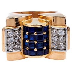 Retro French Sapphire and Diamond 18k Rose Gold Tank Ring