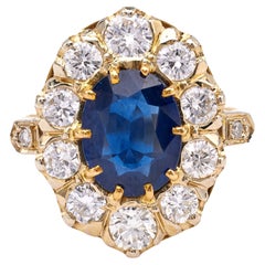 Retro French Sapphire and Diamond 18k Yellow Gold Cluster Ring