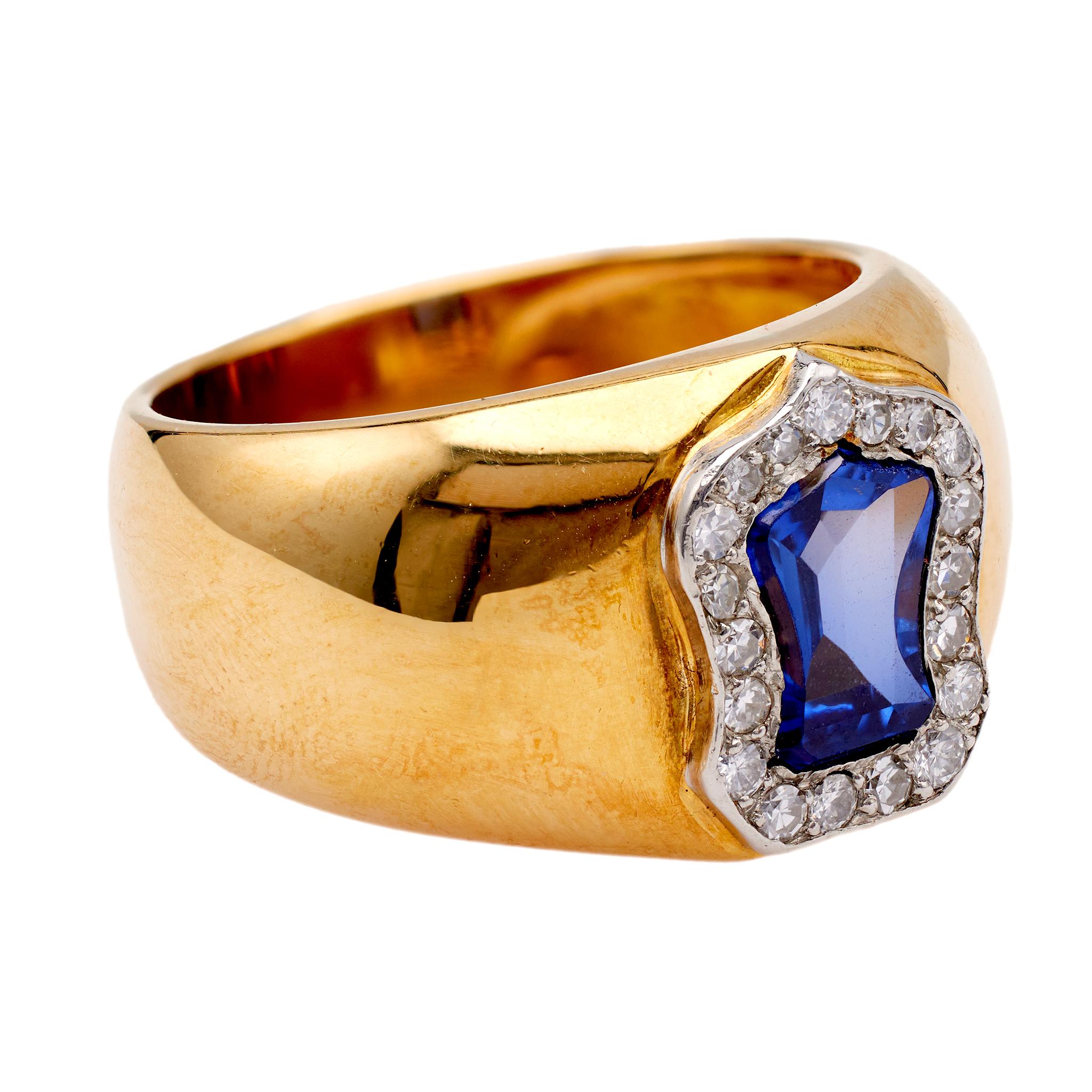 Women's or Men's Retro French Sapphire and Diamond 18k Yellow Gold Platinum Band Ring For Sale