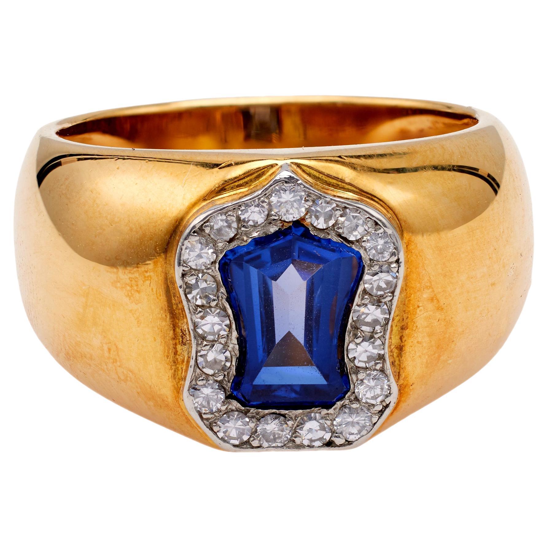 Retro French Sapphire and Diamond 18k Yellow Gold Platinum Band Ring For Sale