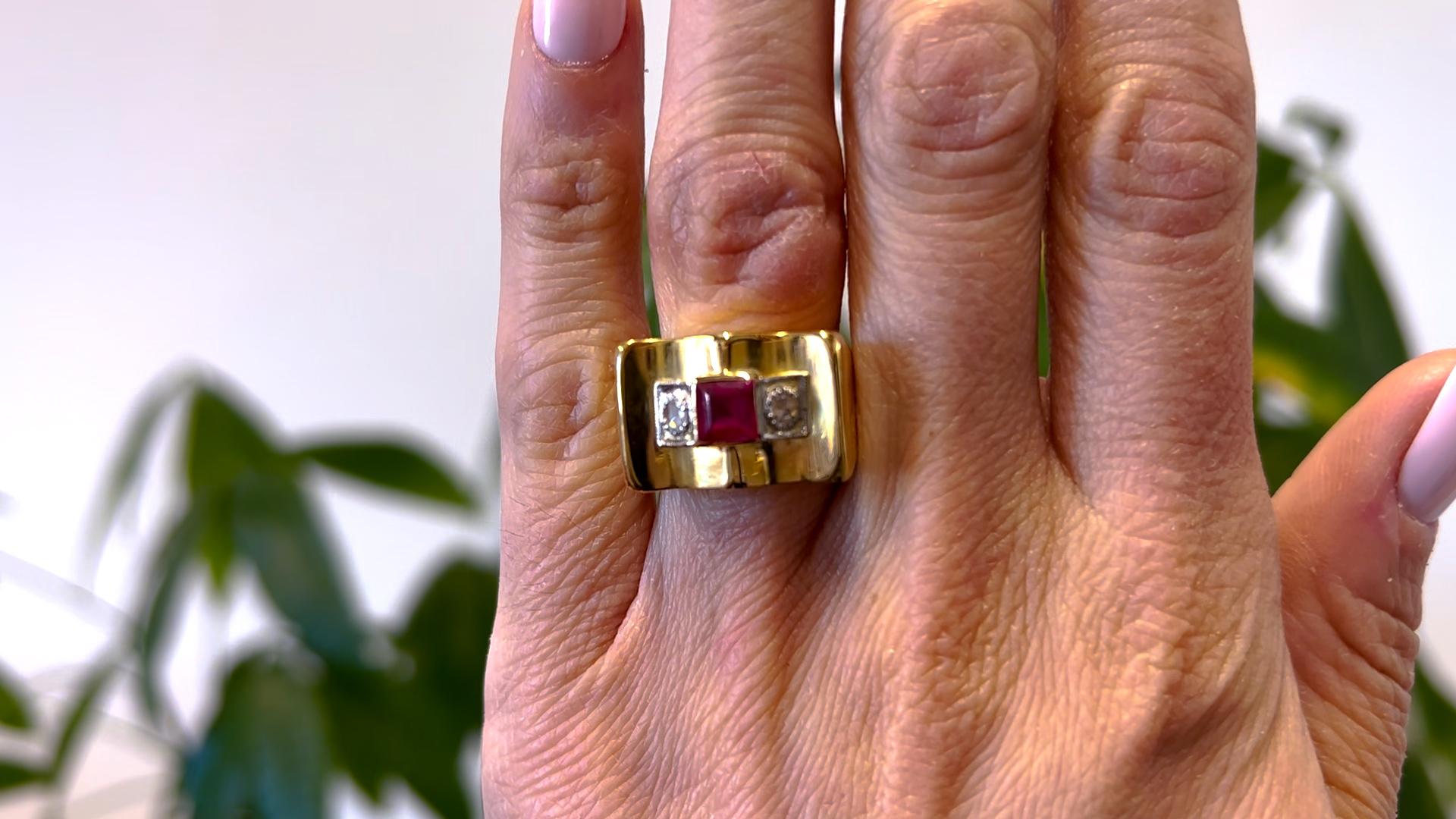Square Cut Retro French Synthetic Ruby and Diamond 18k Yellow Gold Platinum Tank Ring