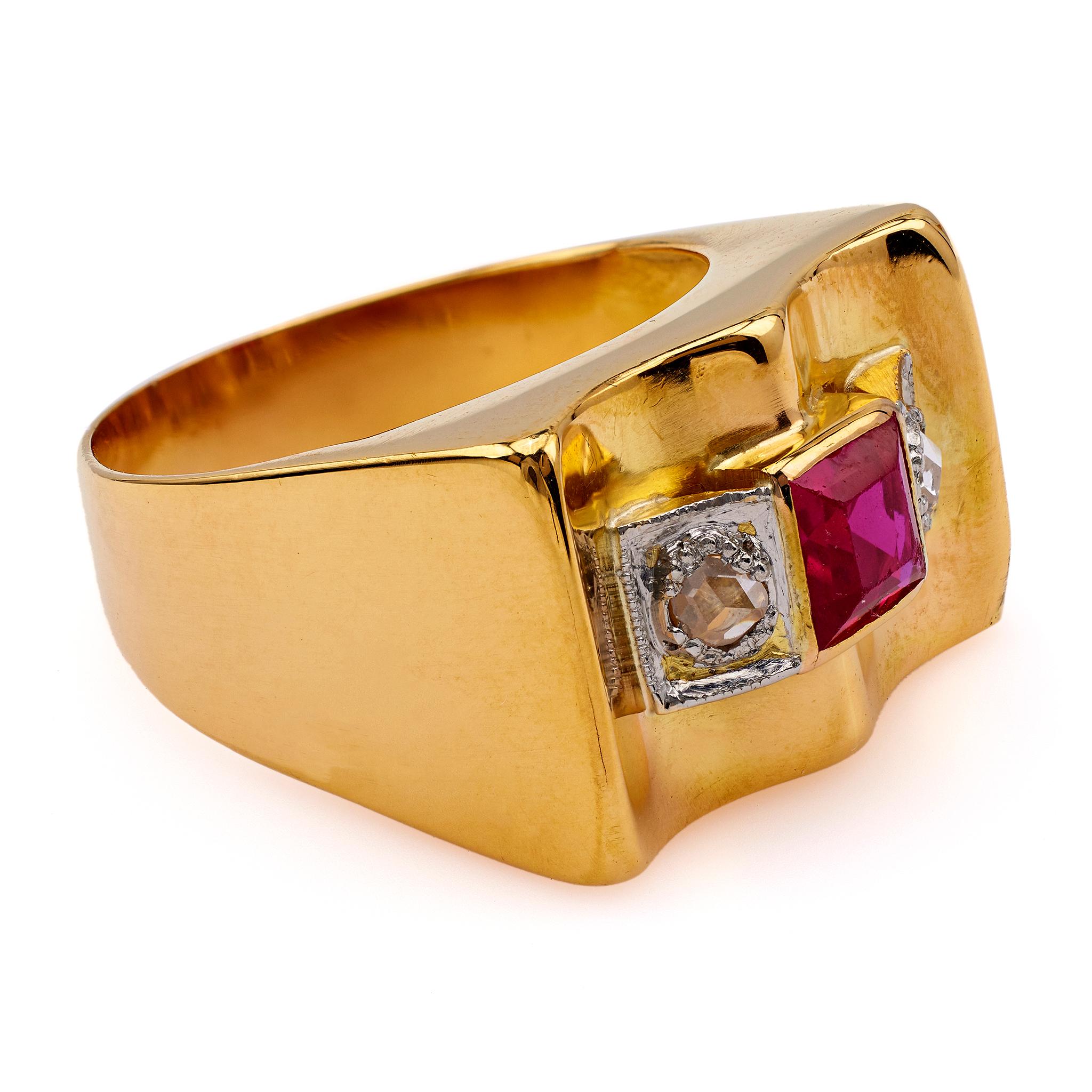 Women's or Men's Retro French Synthetic Ruby and Diamond 18k Yellow Gold Platinum Tank Ring