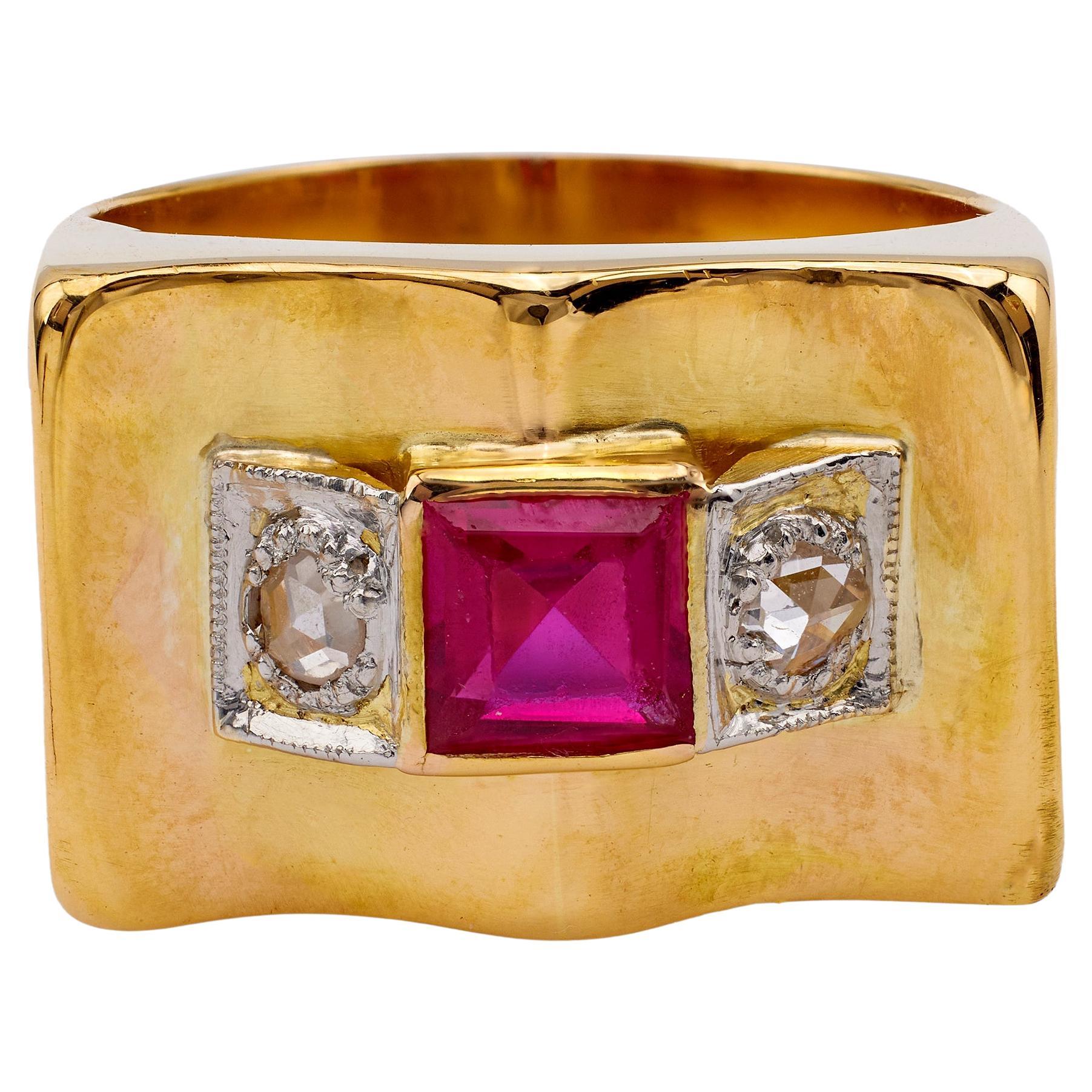 Retro French Synthetic Ruby and Diamond 18k Yellow Gold Platinum Tank Ring