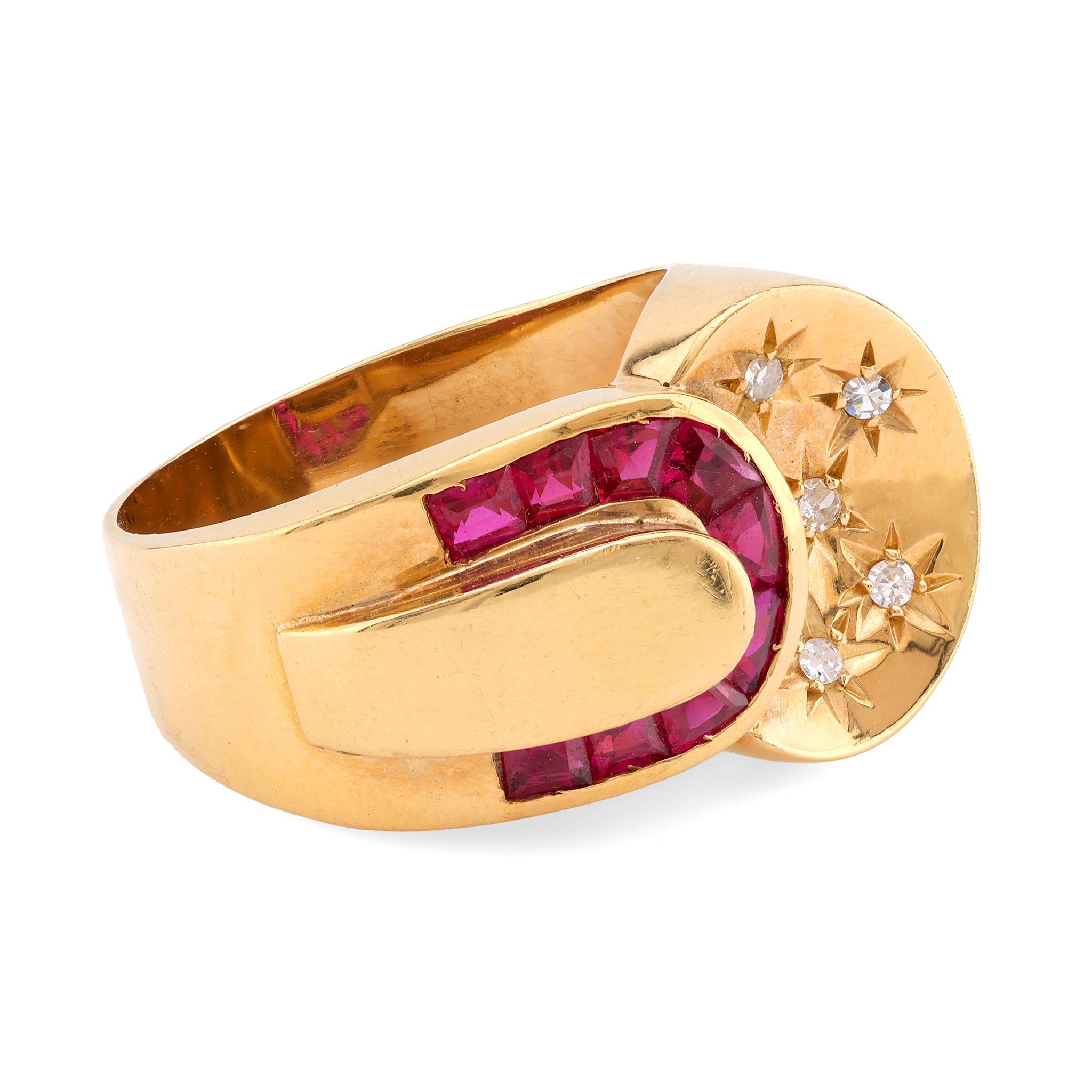 Single Cut Retro French Synthetic Ruby Diamond 18K Yellow Gold Ring
