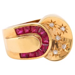 Retro French Synthetic Ruby Diamond 18K Yellow Gold Ring