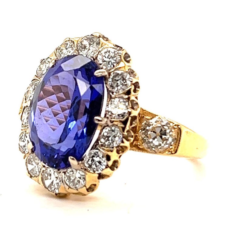 Women's or Men's Retro French Tanzanite Diamond 18 Karat Gold Cluster Ring