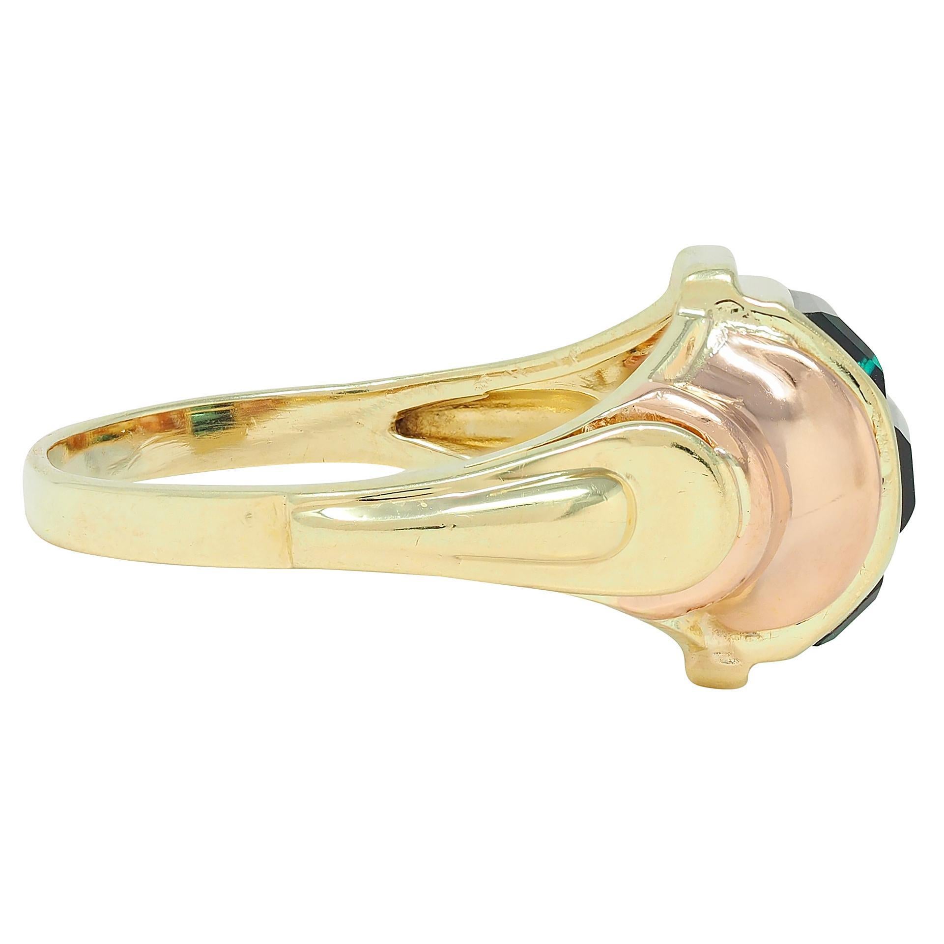 Baguette Cut Retro French Tourmaline 14 Karat Two-Tone Gold Domed Vintage Tank Ring For Sale