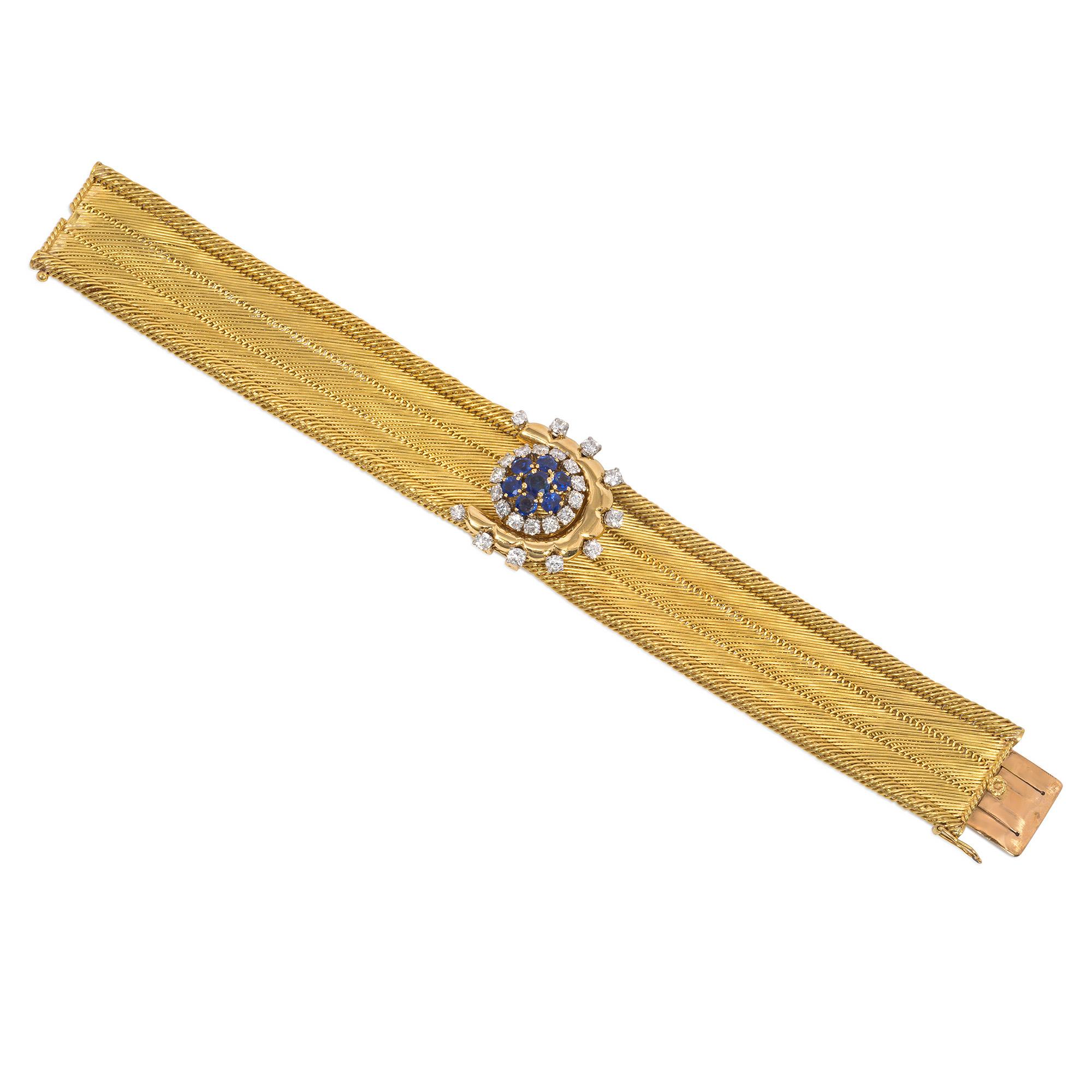 Retro Französisches gewebtes Goldarmband mit Saphir- und Diamantarmband „Button“ aus Gold, Retro (Rundschliff) im Angebot