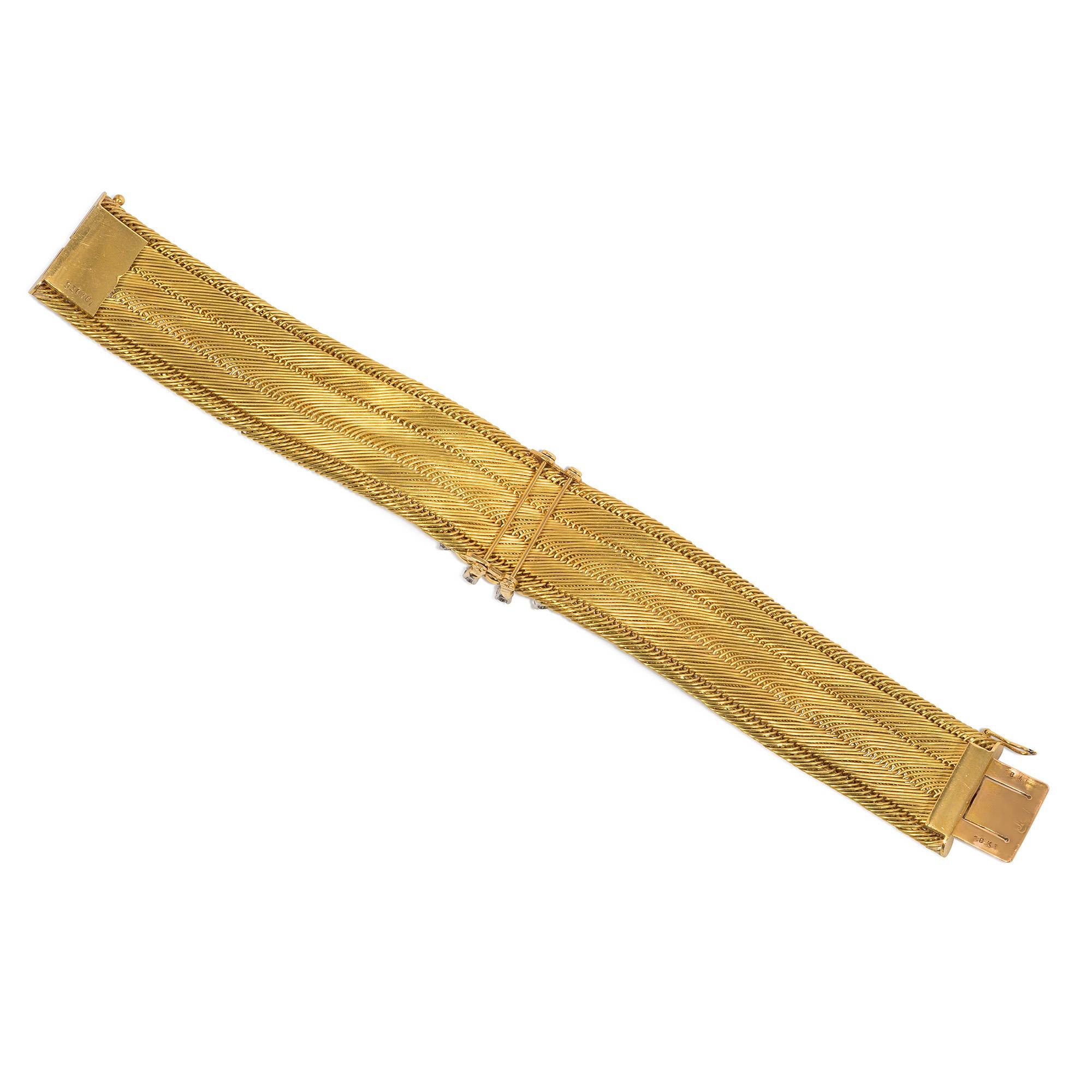 Retro Französisches gewebtes Goldarmband mit Saphir- und Diamantarmband „Button“ aus Gold, Retro im Zustand „Gut“ im Angebot in New York, NY