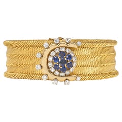 Retro Französisches gewebtes Goldarmband mit Saphir- und Diamantarmband „Button“ aus Gold, Retro