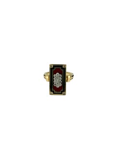 Retro French Yellow and White Gold Ring with Enamel and Diamonds
