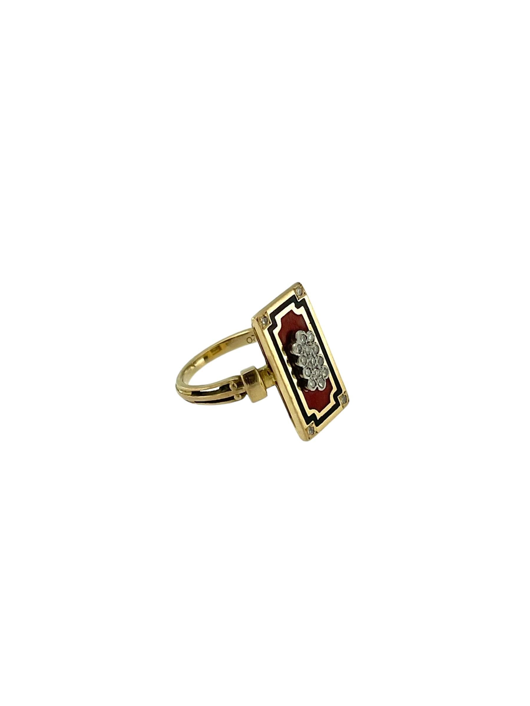 Brilliant Cut Retro French Yellow and White Gold Ring with Enamel and Diamonds For Sale