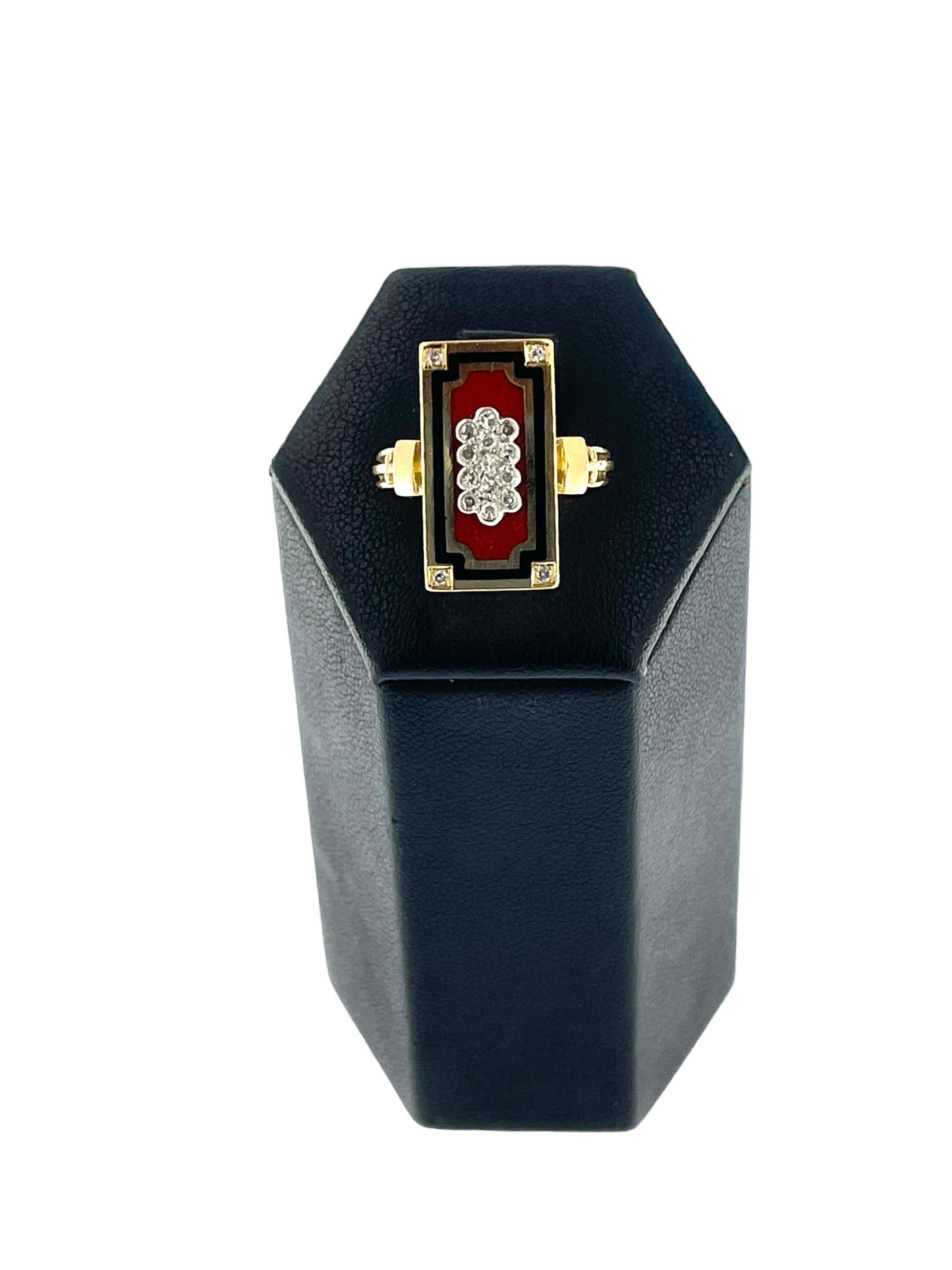 Women's or Men's Retro French Yellow and White Gold Ring with Enamel and Diamonds For Sale