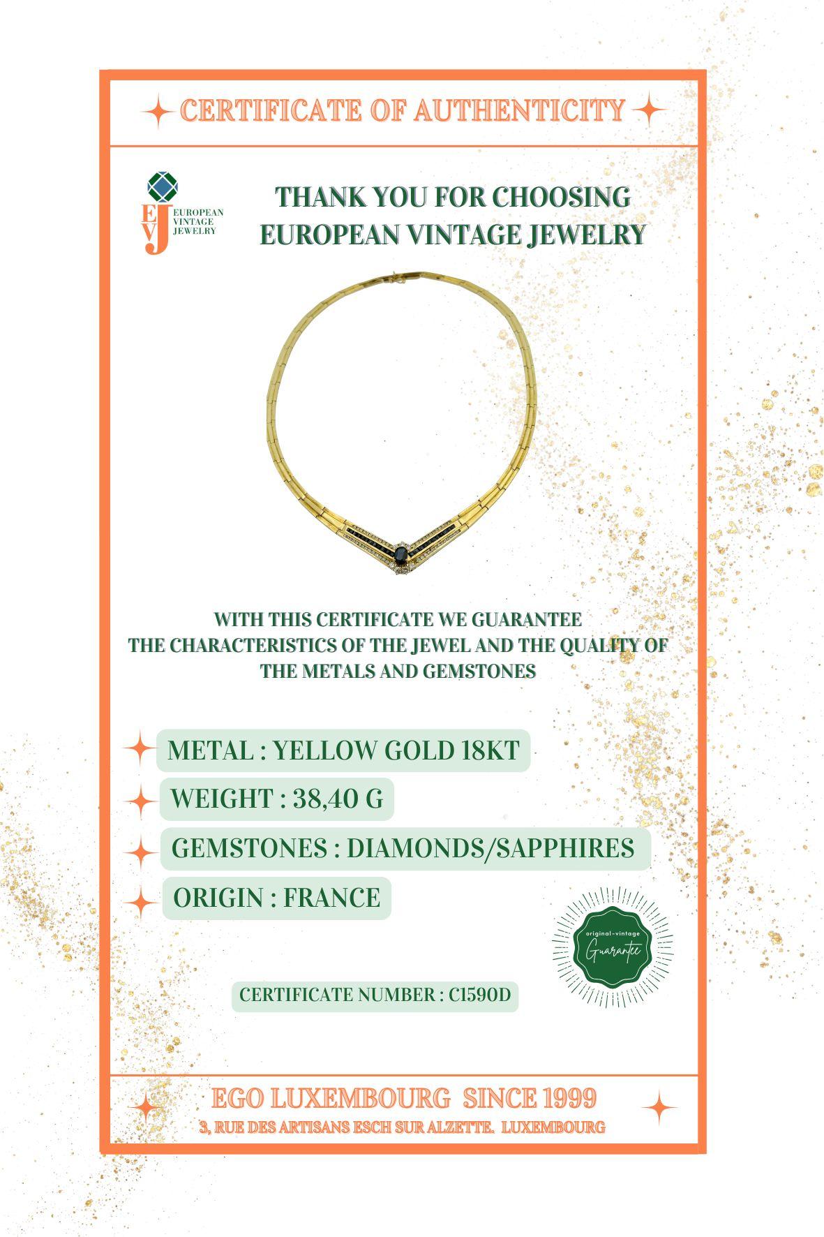 Collana girocollo retrò in oro giallo francese con diamanti e zaffiri naturali in vendita 4