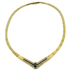Collana girocollo retrò in oro giallo francese con diamanti e zaffiri naturali