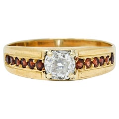 Retro Garnet 0.51 Carat Old European Cut Diamond 14 Karat Gold Unisex Ring