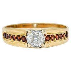 Retro Garnet 0.51 Carat Old European Cut Diamond 14 Karat Gold Unisex Ring