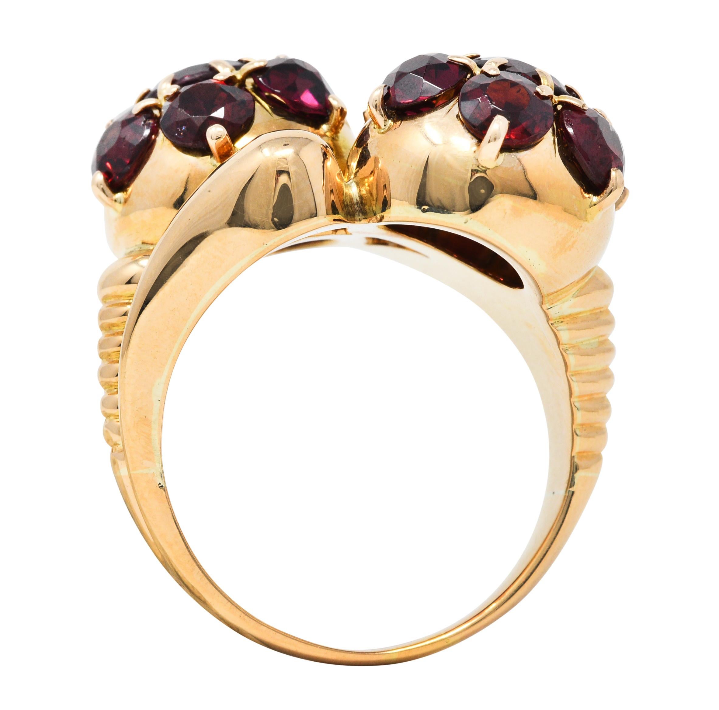 Retro Garnet 18 Karat Yellow Gold Bypass Cluster Ring 5