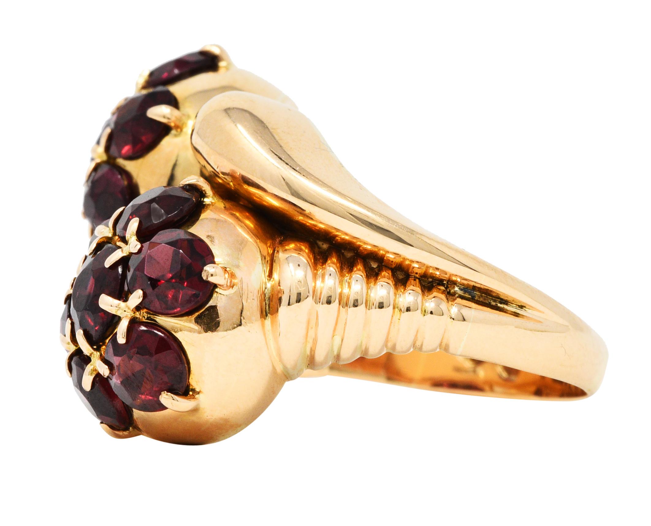 Women's or Men's Retro Garnet 18 Karat Yellow Gold Bypass Cluster Ring