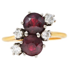 Retro Garnet Diamond Palladium 14 Karat Yellow Gold Cluster Toi Et Moi Ring