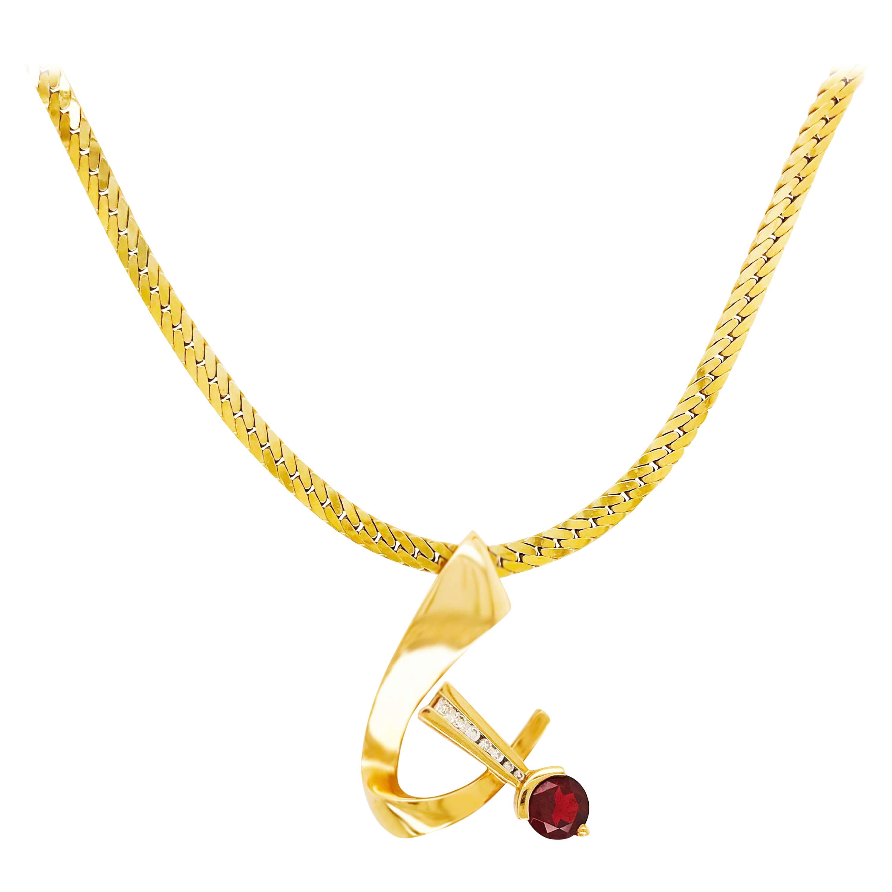 Retro Garnet Slide Pendant with Diamonds and Heavy Flat Cable Chain Necklace