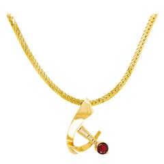 Vintage Garnet Slide Pendant with Diamonds and Heavy Flat Cable Chain Necklace