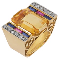 Retro 18k Yellow Gold Tank Ring with Emerald Cut Citrine and Diamonds