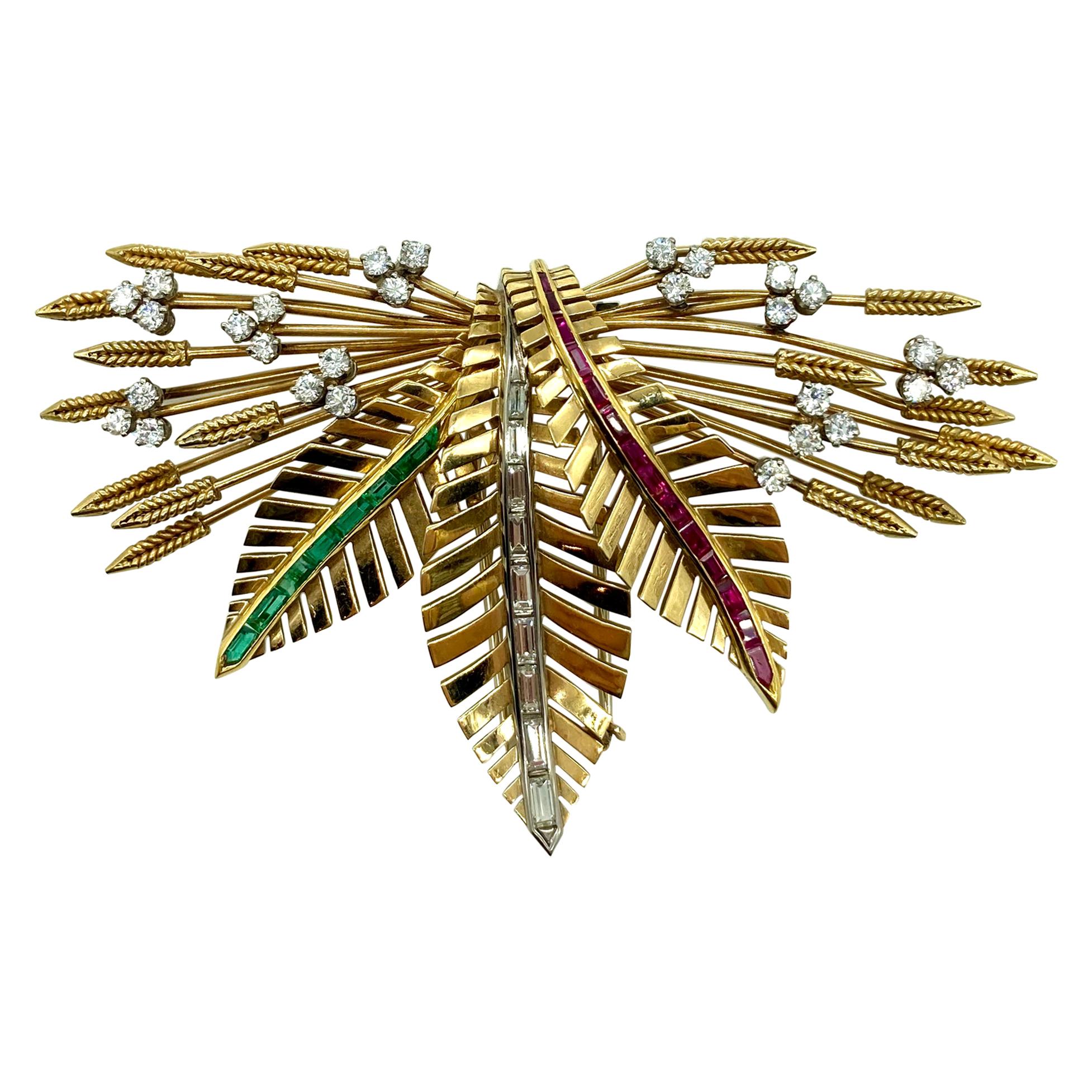 Retro Gemstone Wheat Foliate Clip Brooch For Sale