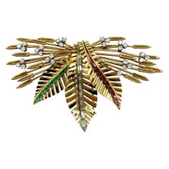 Vintage Gemstone Wheat Foliate Clip Brooch