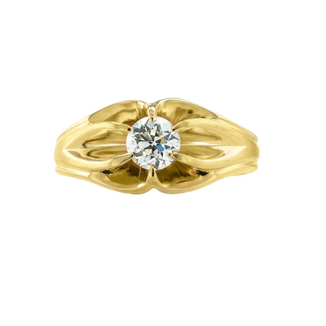 Retro old European-cut diamond and yellow gold gentleman’s ring circa 1940. *

ABOUT THIS ITEM:  The old European-cut diamond is top-set with six strong prongs allowing light to penetrate the diamond from all directions and thereby producing a