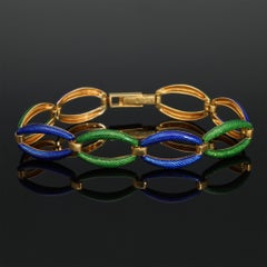 Retro Geometric Blue Green Engine Turned Enamel Bracelet, 19g Solid 18k Gold