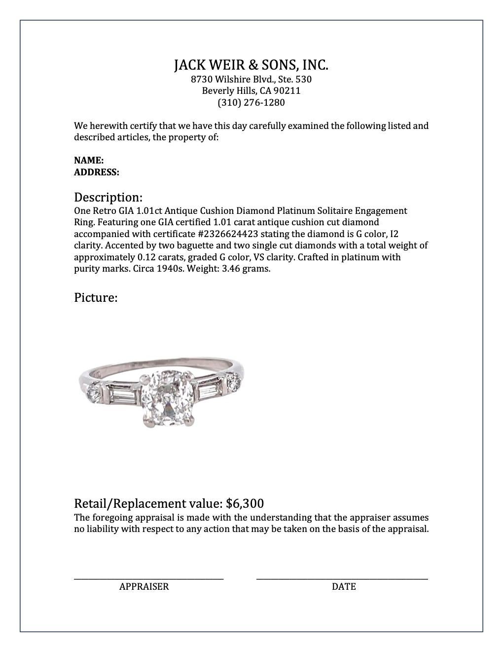Retro GIA 1.01 Carat Antique Cushion Cut Diamond Platinum Engagement Ring 4