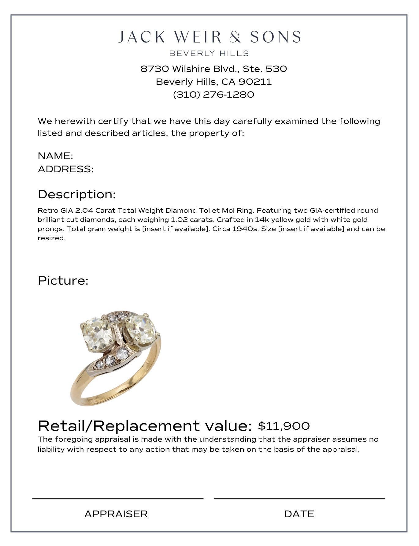 Rétro Bague rétro GIA 1,02 et 1,02 carat diamant 14k or jaune et blanc toi et moi en vente
