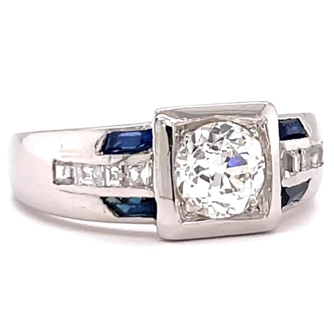 Women's or Men's Retro GIA 1.11 Carat Old European Cut Diamond Sapphire Platinum Ring