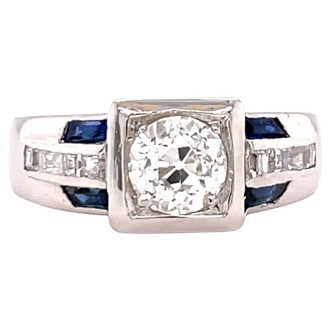 Retro GIA 1.11 Carat Old European Cut Diamond Sapphire Platinum Ring