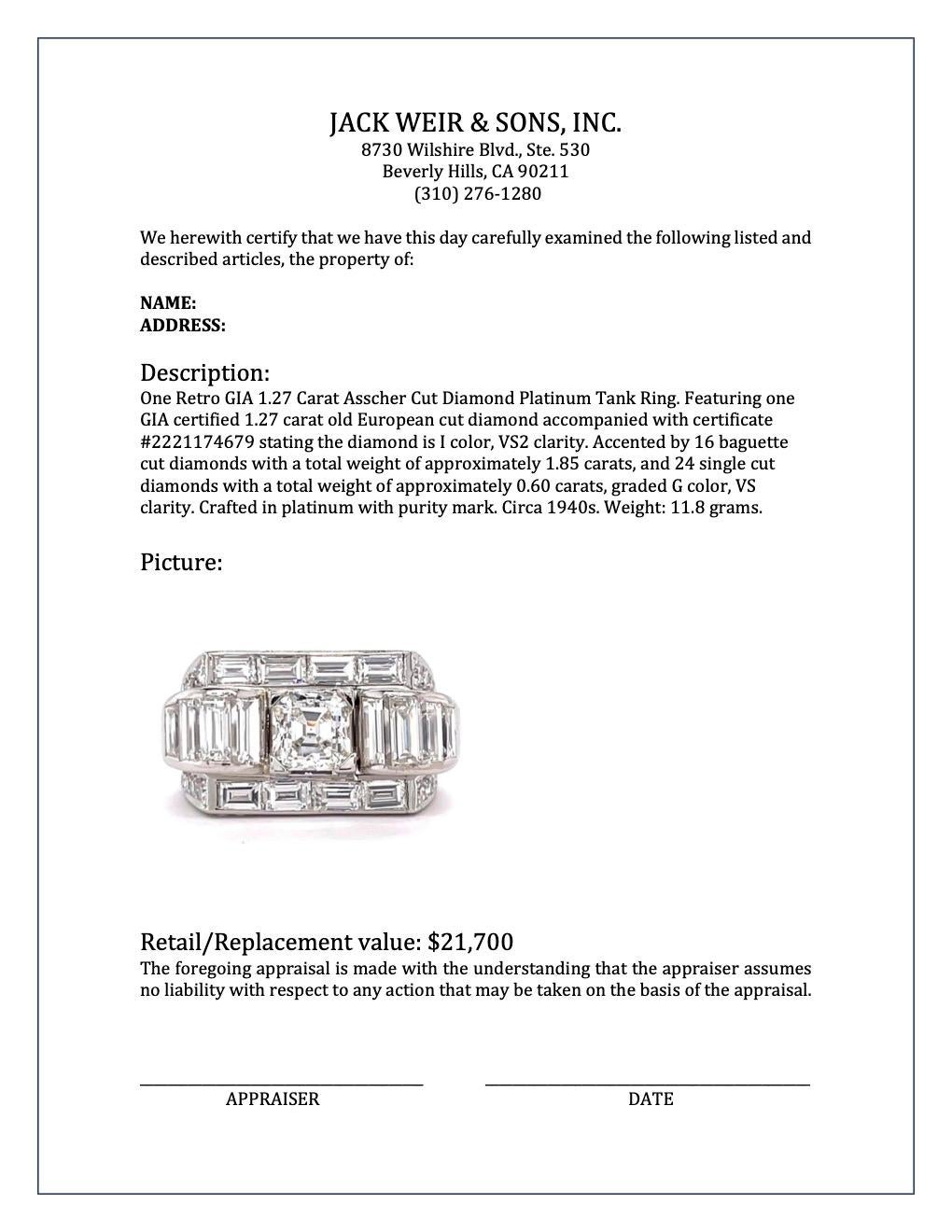 Retro GIA 1.27 Carat Asscher Cut Diamond Platinum Tank Ring 4