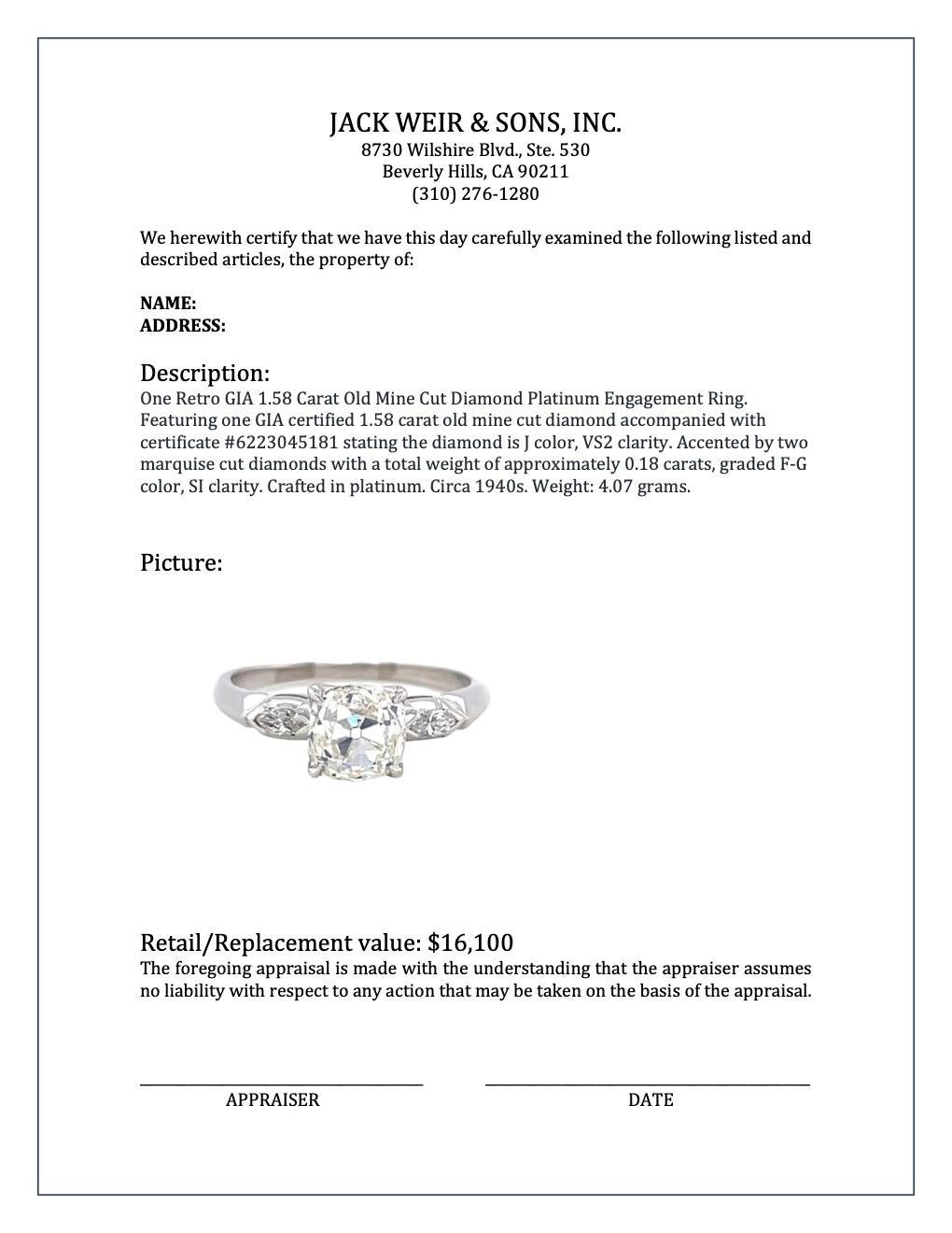 Retro GIA 1.58 Carat Old Mine Cut Diamond Platinum Engagement Ring 2