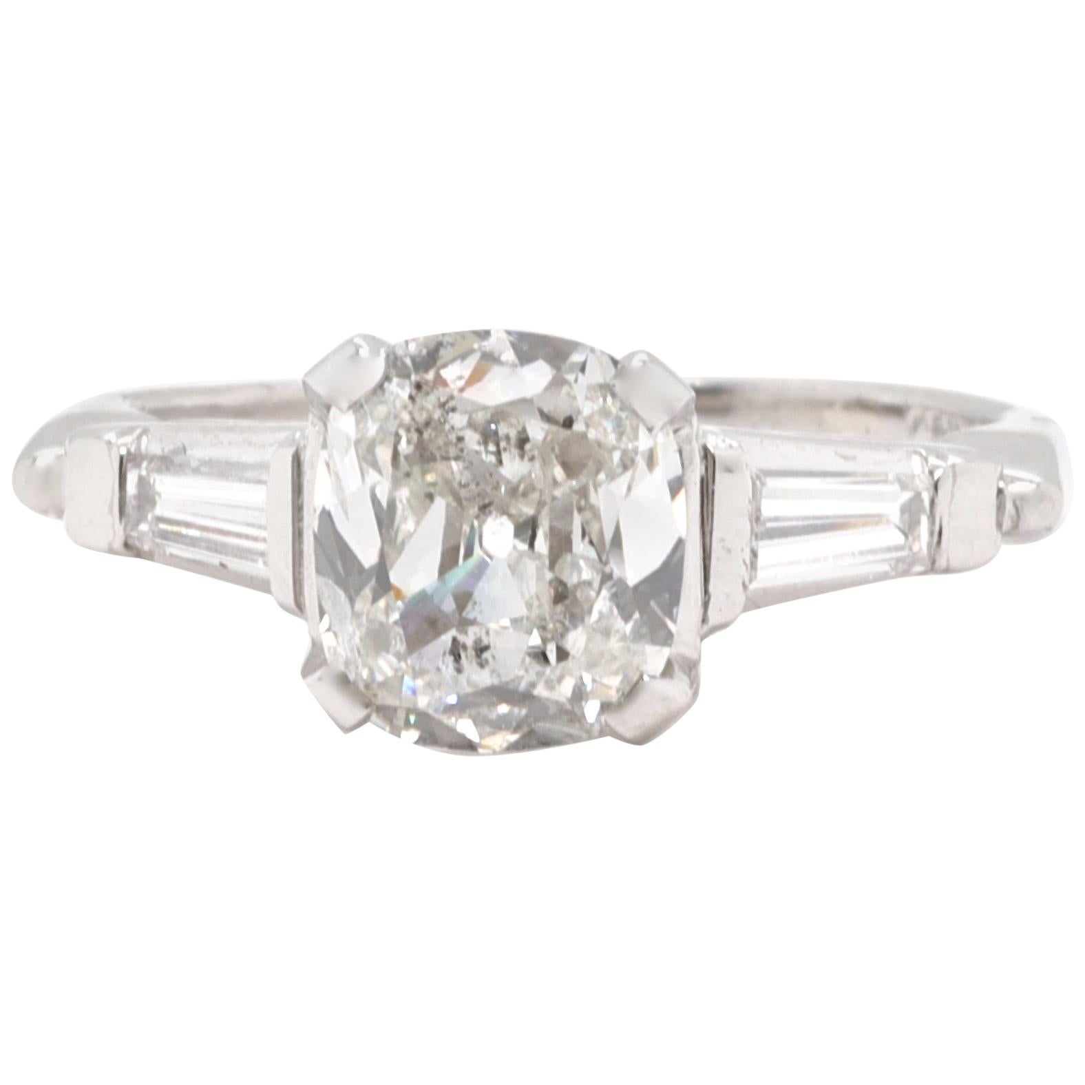 GIA 1.67 Carat Antique Cushion Cut Diamond Iridium Ring