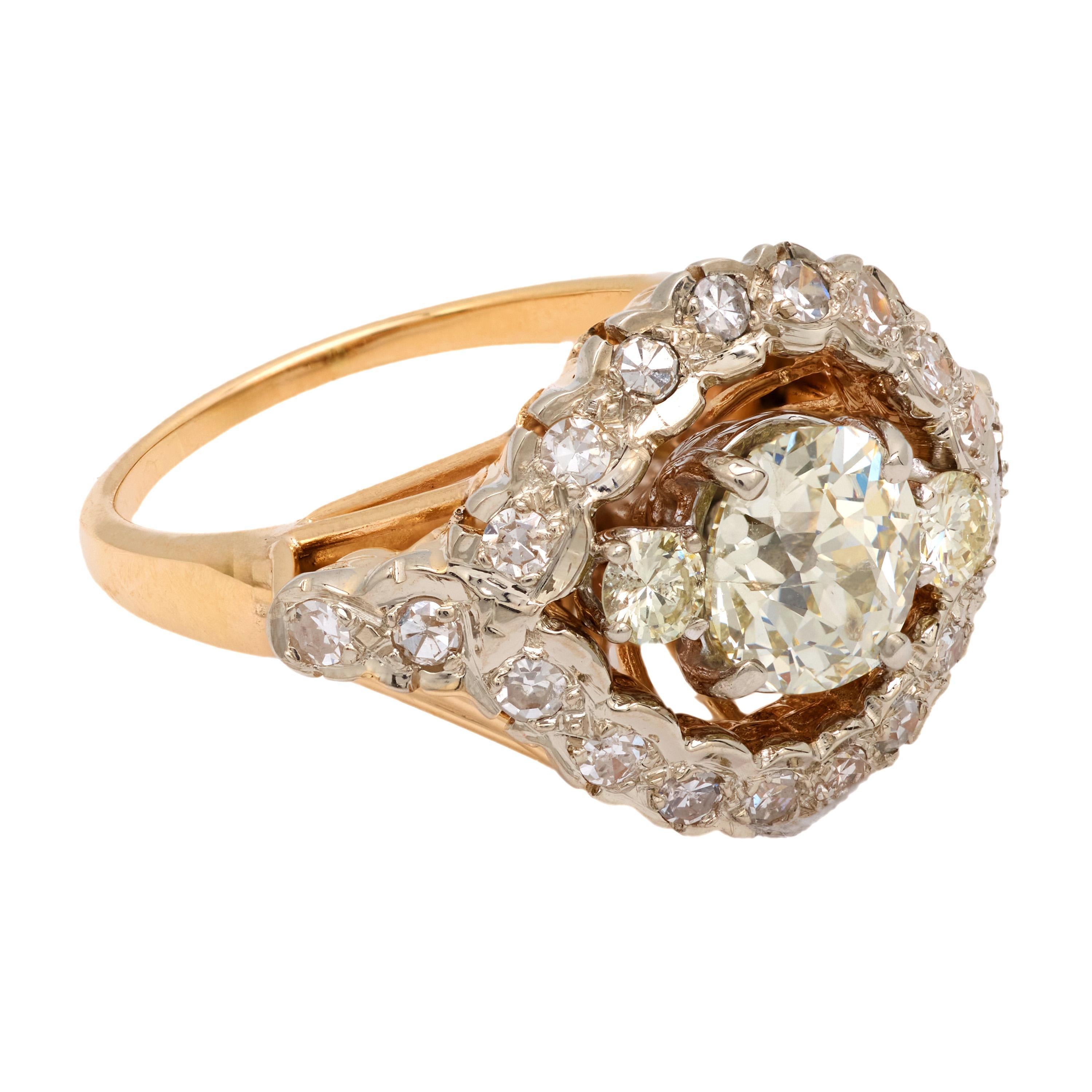 Old Mine Cut Retro GIA 1.72 carat old mine cut diamond 14k gold cocktail ring For Sale