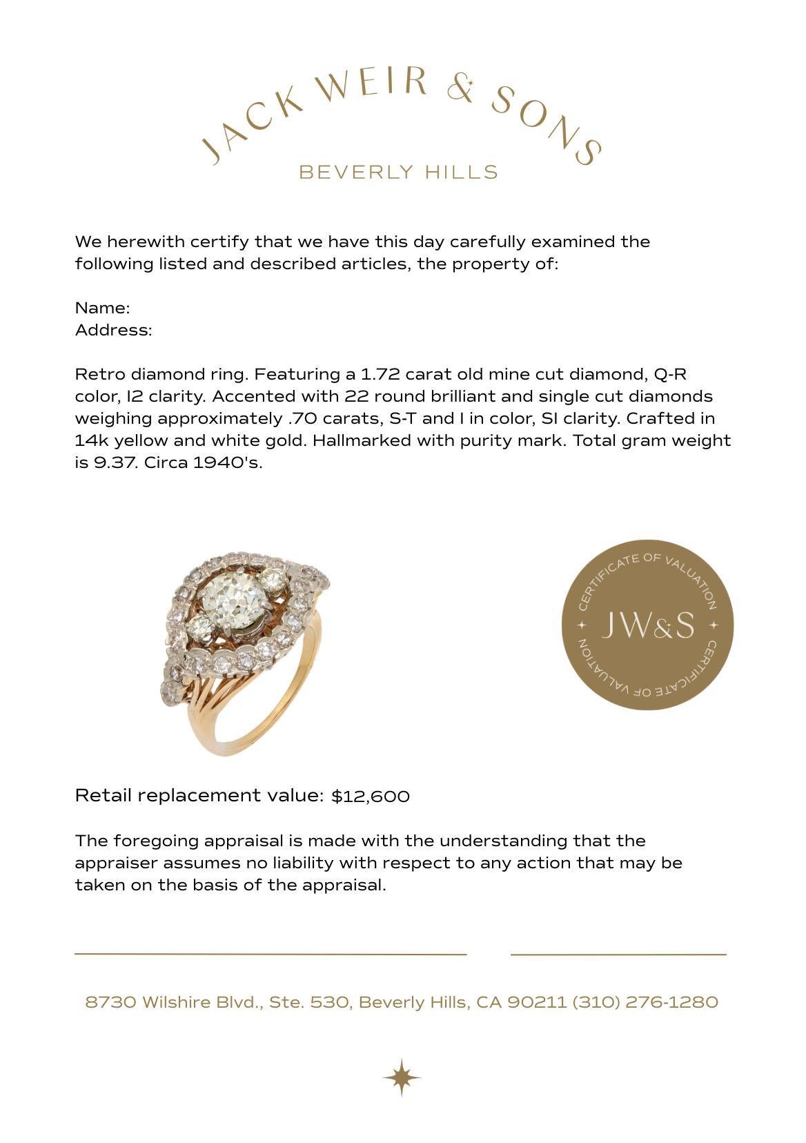 Retro GIA 1.72 carat old mine cut diamond 14k gold cocktail ring For Sale 1