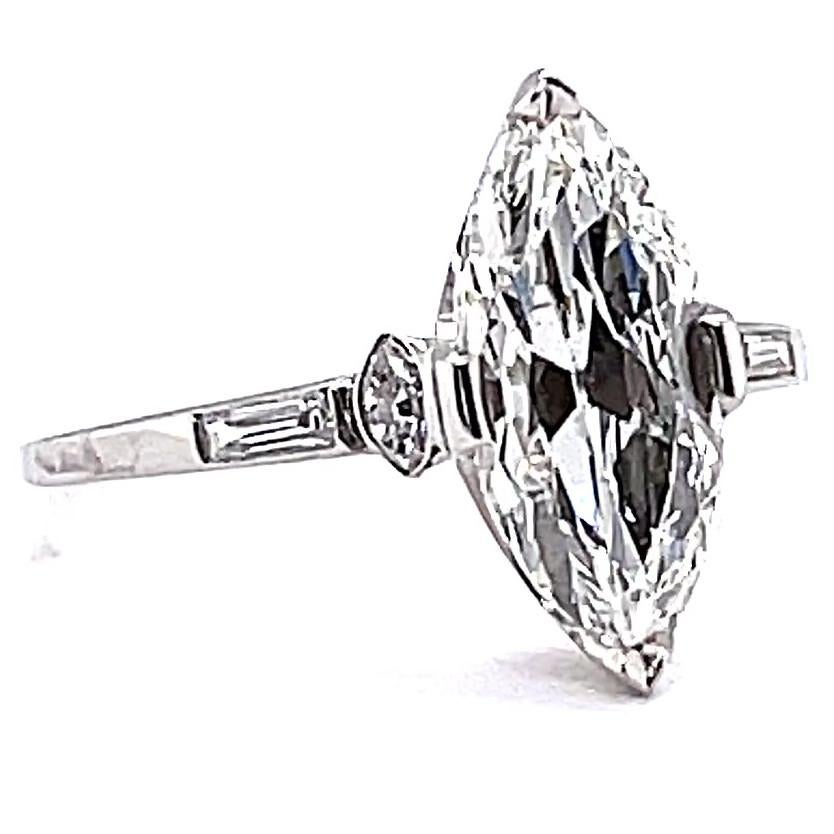 Women's or Men's Art Deco GIA 1.76 Carat Marquise Cut Diamond Platinum Engagement Ring