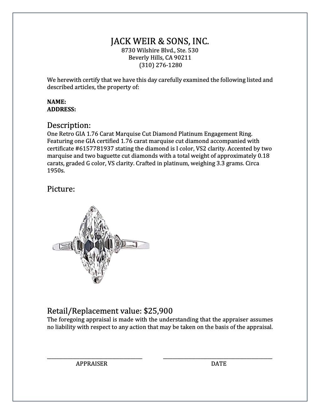 Art Deco GIA 1.76 Carat Marquise Cut Diamond Platinum Engagement Ring 3