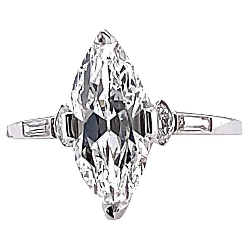 Art Deco GIA 1.76 Carat Marquise Cut Diamond Platinum Engagement Ring