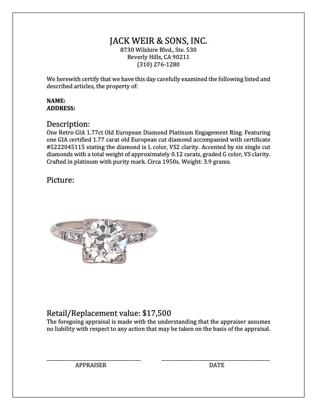 Retro GIA 1.77 Carat Old European Cut Diamond Platinum Engagement Ring 4