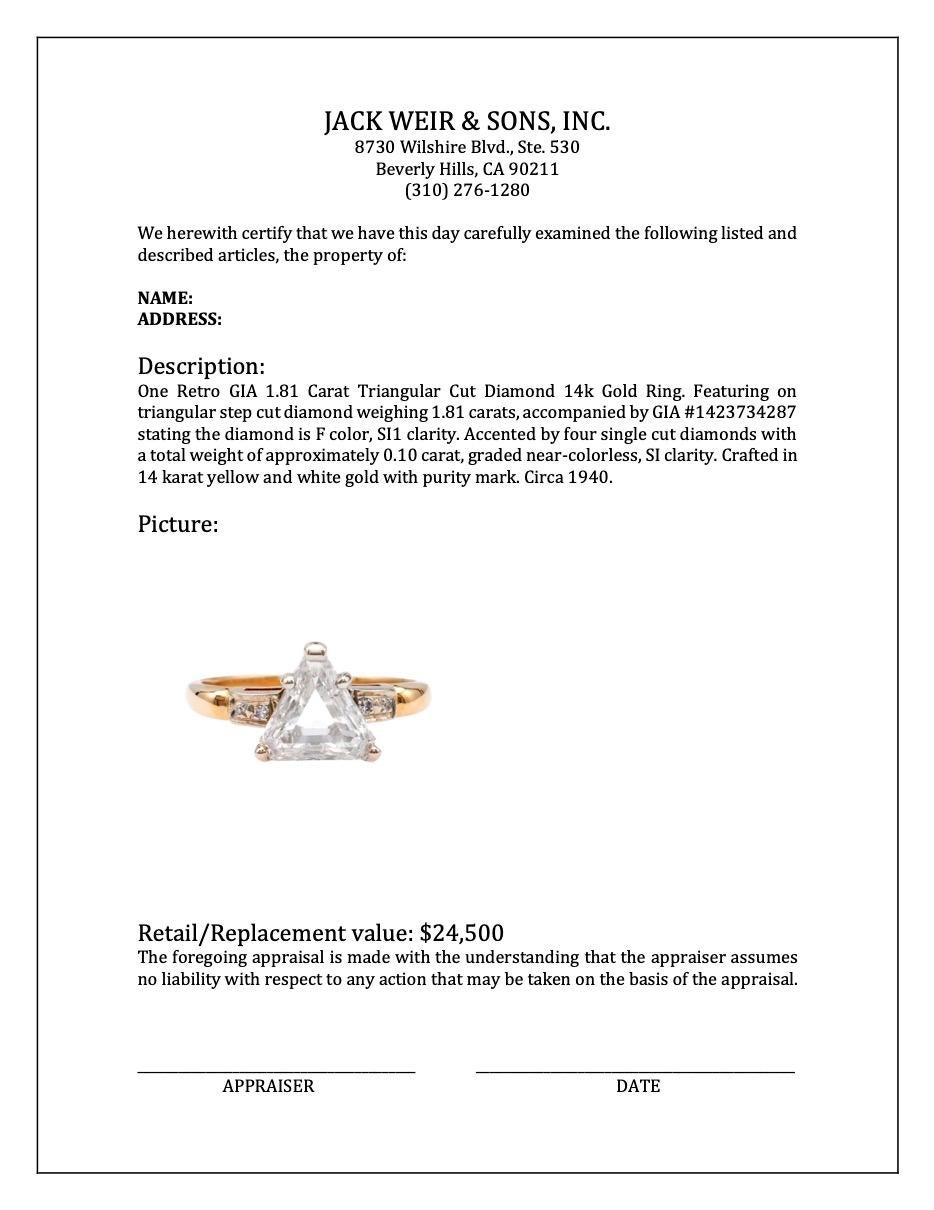 Retro GIA 1.81 Carat Triangular Cut Diamond 14k Gold Ring For Sale 2
