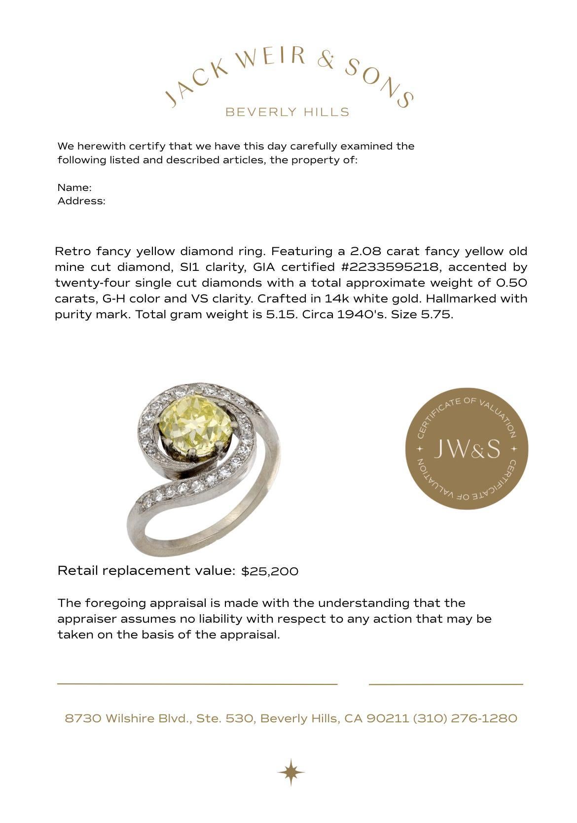 Bague rétro GIA 2,08 carats diamant jaune fantaisie 14k or blanc tourbillon en vente 1