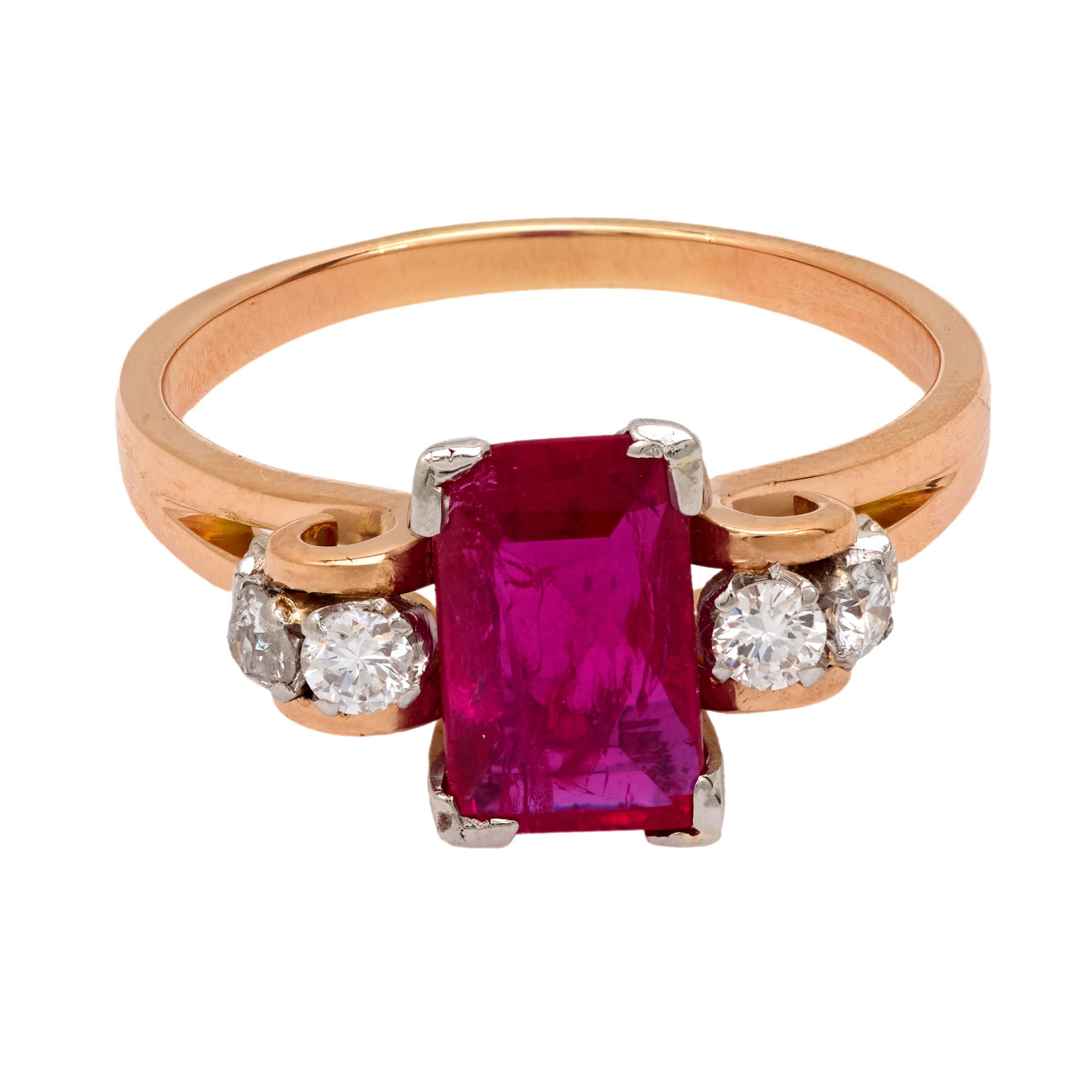 Emerald Cut Retro GIA 2.22 carat no heat ruby diamond 18k ring For Sale